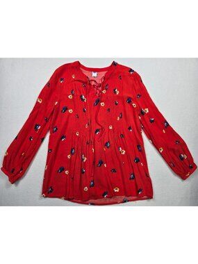 Old Navy Red Floral Long-Sleeve Blouse Peasant Top Pintuck Tie Neckline Small